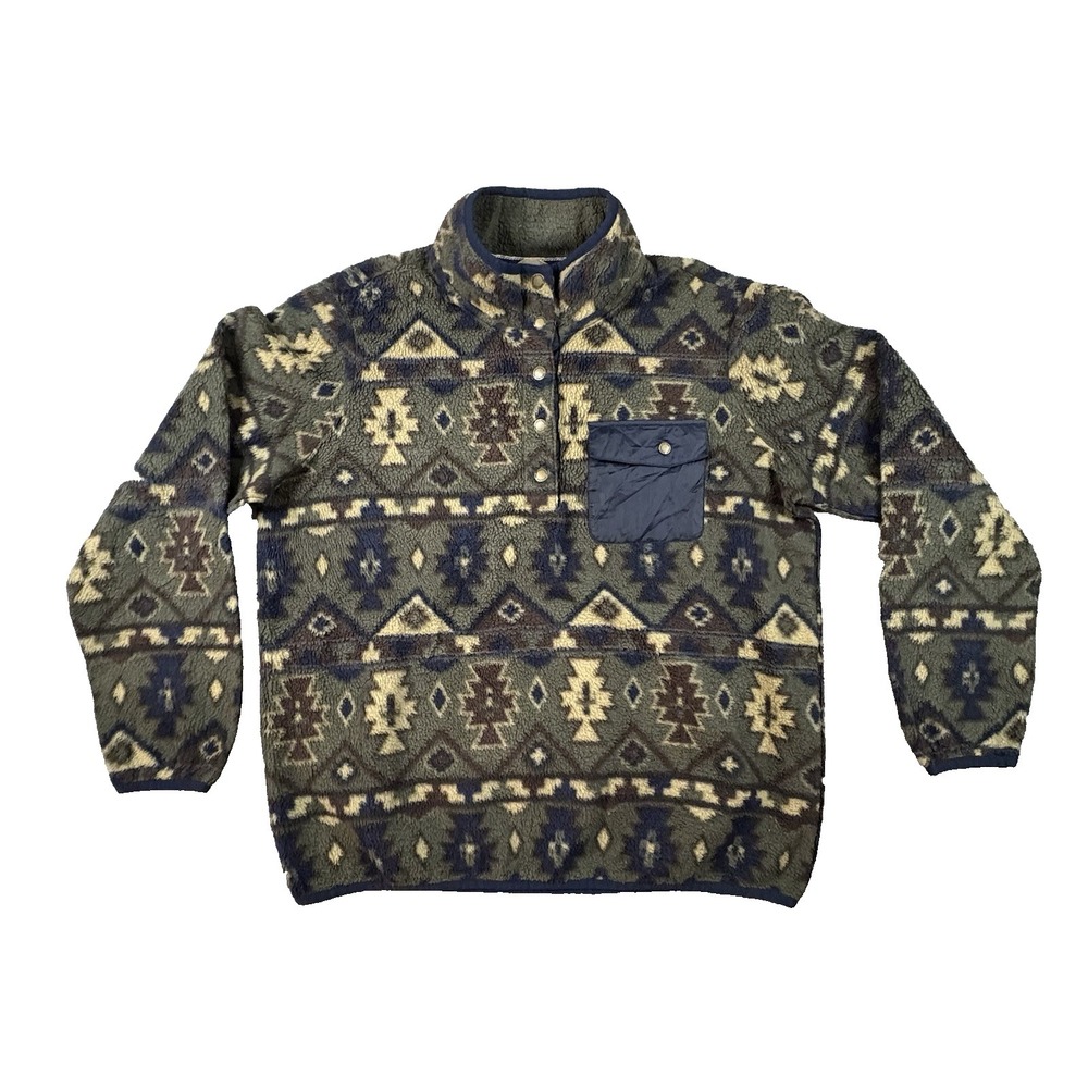 Weatherproof Vintage Men's XL Green Aztec Southwest Fleece Pullover‎ Snap Jacket
